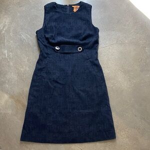 Tory Burch Navy Tweed Sleeveless sophisticated Dress with Grommet Waist Tab